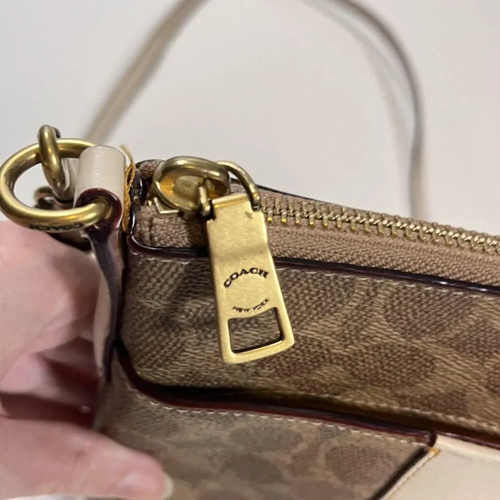 Coach Signature Stripe Crossbody Bag Womens Small Brown Cream Leather Purse